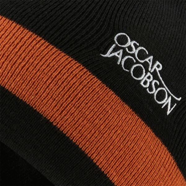 OSCAR JACOBSON MURRAY KNITTED BOBBLE HAT – BLACK / RUST ORANGE - Image 2