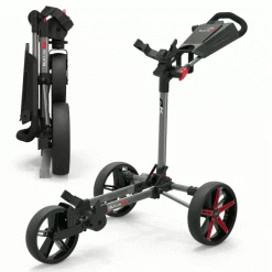 POWAKADDY DLX LITE FF GOLF PUSH CART – GUN METAL / RED +FREE UMBRELLA HOLDER