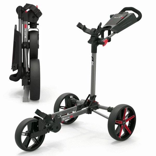 POWAKADDY DLX LITE FF GOLF PUSH CART – GUN METAL / RED +FREE UMBRELLA HOLDER